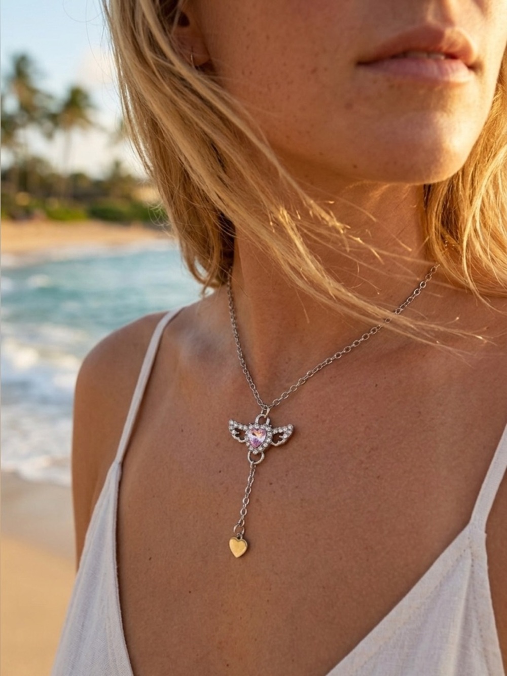 5/$15 🩷 MUST BUNDLE Silver Tone Pink Heart Wing Rhinestone Drop Necklace - Picture 1 of 7